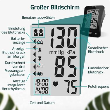 Цифровий тонометр на плече Oberarm з функцією пам'яті, виявлення аритмії та вимірювання пульсу. Підходить для об'ємів плеча 22-42 см. Чорний колір