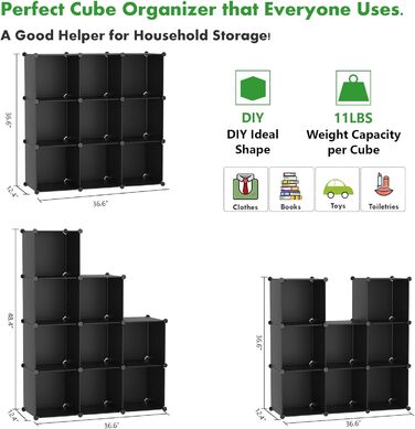 C&AHOME UPCS09M Cube Storage Organizer, 9-Cube Shelves, Closet Cabinet, DIY, Plastic, Modular Bookshelf, Ideal for Bedroom, Living Room, Opaque (Black)