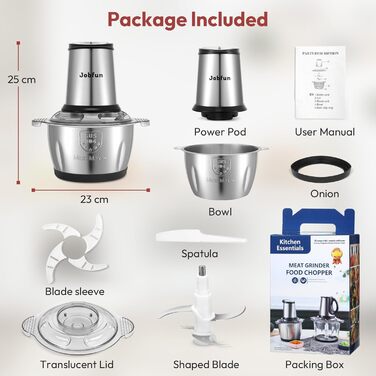 Електричний подрібнювач Jobfun 2L з нержавіючої сталі, 2 швидкості, мультиподрібнювач, м'ясорубка, подрібнювач для м'яса, цибулі, овочів (сірий)