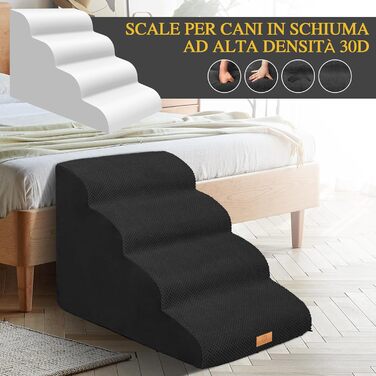 Masthome Dog Stairs for Small Dogs, 4 Steps Pet Stairs with Washable Cover, 52cm High Cat Stairs from Sponge for High Beds, Dog Ramp Ladder, Detachable, Black