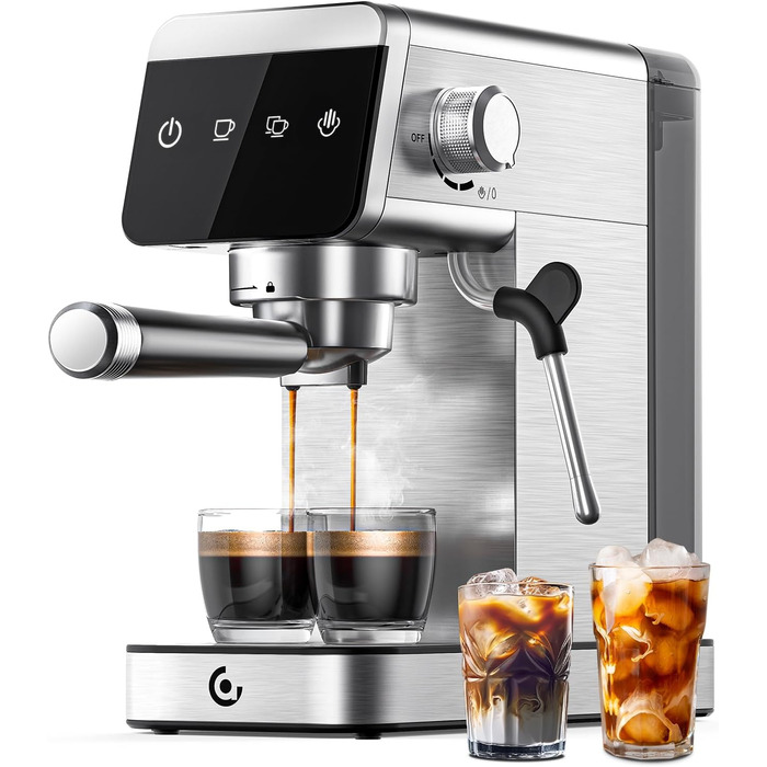 AMZCHEF Siebträgermaschine 20 Bar with LED Display Home 2-in-1 Espresso Machine with 1.2L Detachable Tank for Home Gifts, Compact Stainless Steel Latte Machine, 1350W