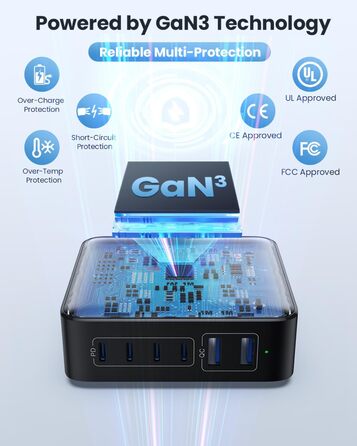 Мережевий адаптер USB-C на 6 портів 200W з GaN III Tech, PD+QC, з 4 USB-C та 2 USB-A, для ноутбуків та мобільних пристроїв (MacBook, iPad, iPhone, Samsung)