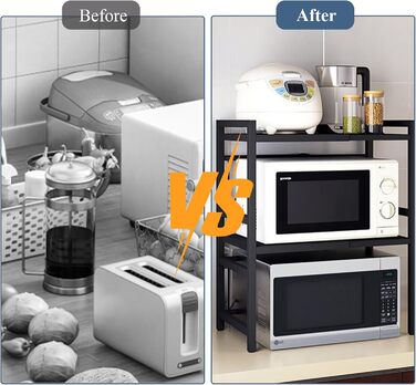 Регульована полиця для мікрохвильової печі, 3-рівнева розширювана стійка, органайзер для кухні з 6 гачками, з вуглецевої сталі, чорний