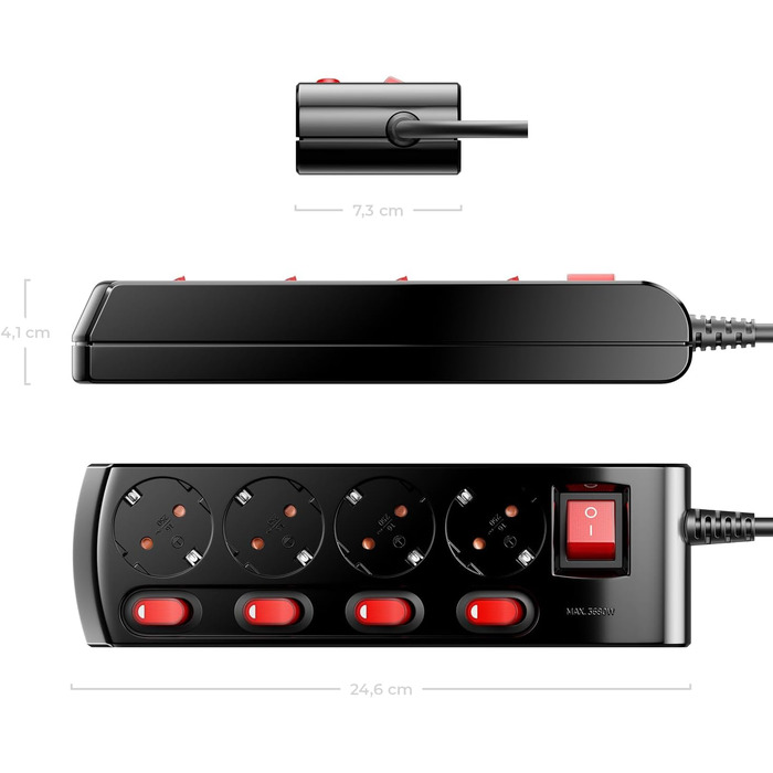 Мережевий фільтр DeleyCON з 4 розетками, індивідуальне вмикання/вимикання, 1.4м кабель, з захистом від дотику, чорний