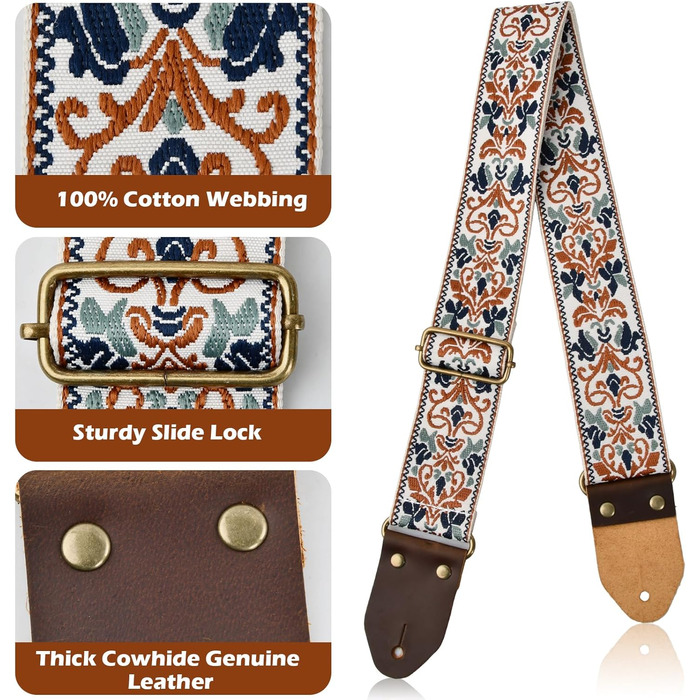Гітарний ремінь з бавовни для акустичної гітари, 2 шт., вишиті ремені для бас-гітари, електрогітари та акустичної гітари, безкоштовна пряжка, замок для ременя та медіатор (Retro-gold-jacquard)