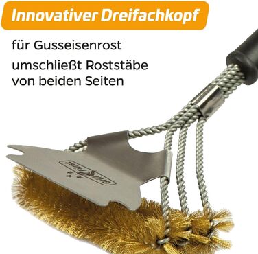 3X Grillfürst Premium Grill Brush with Brass Bristles, 45 cm - Grill Cleaning Brush for Grill Grates, Grill Grate Brush with Wide 3-Section Brush Head and Scraper