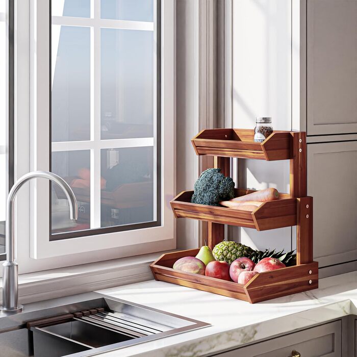 Двоярусна фруктова корзина HOLANA з акції - дерев'яна корзина для кухонного столу, органайзер для фруктів, овочів та закусок, корзина з акції (акція)