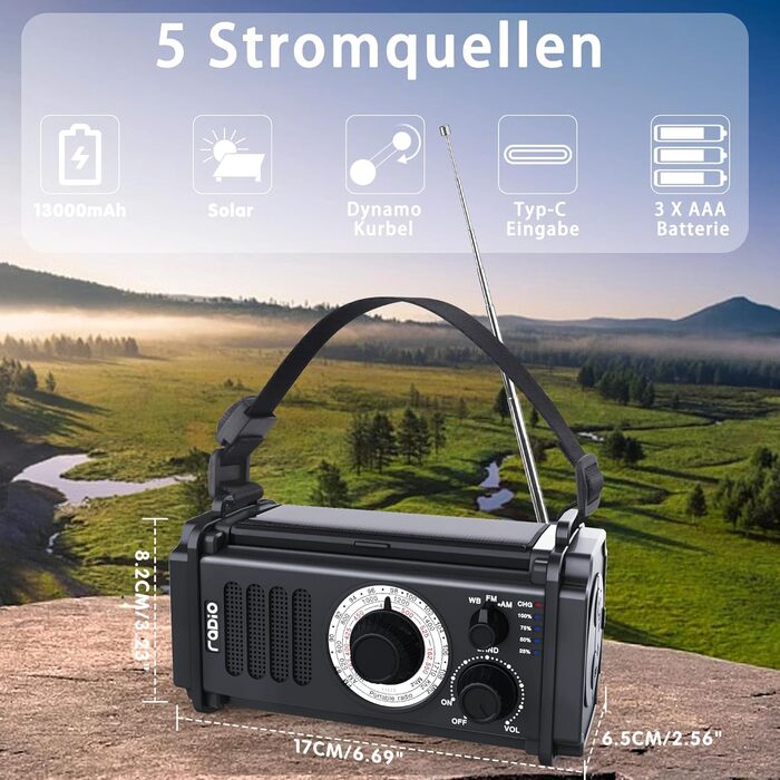Радіо на сонячній енергії та з ручним крученням 13000mAh, AM/FM/SW, USB-зарядка, ліхтарик 800LM, компас, SOS-сигнал, чорний