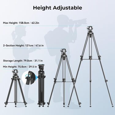 SMALLRIG штатив відео 158 см з fluid-головкою 360°, легкий штатив для камери з алюмінієвого сплаву, QR-плата, підйомний трос, для DSLR, відеокамер, 5 кг, AD-50Lite - 4684
