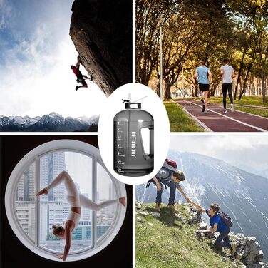 Water bottle with straw, 1 Gallon / 3.5L BPA-Free Leak-Proof Plastic Sports Bottle, Water Bottle with Time Markers, Drinking Bottle for Fitness, Office, Outdoor, Home (Black, 2500 ml)