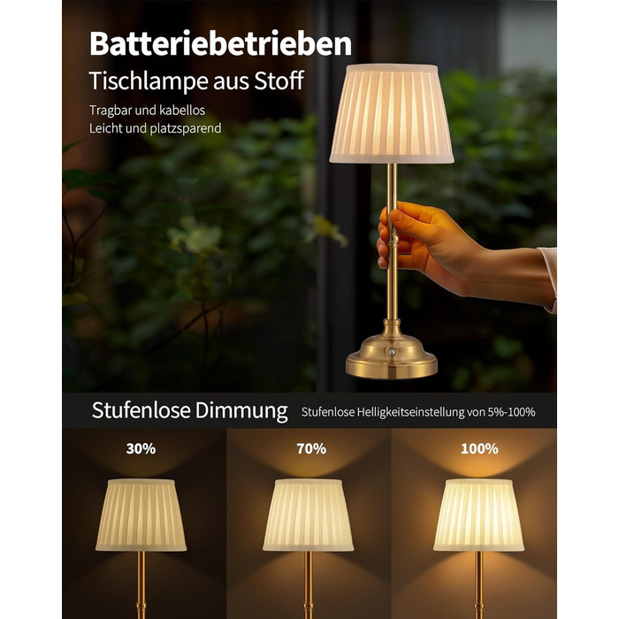 Світлодіодна настільна лампа бездротова, димована вінтажна нічна лампа, ретро акумуляторна лампа 4000mAh, для дому, бару, вітальні (Золото + Бежевий абажур)