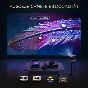 AURZEN Boom 3: 4K проєктор з автофокусом, HDR, WiFi6, Bluetooth, Dolby Audio. Підтримка 1080P Full HD, LED Smart проєктор для дому та на вулицю (чорний)