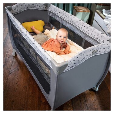 Hauck Travel Crib Sleep N Play Center with Newborn Nest, Changing Pad, Carry Bag, Wheels, Canopy, Compact Folding, Baby Travel Bed for Infants from Birth up to 15 kg (Teddy Grey)