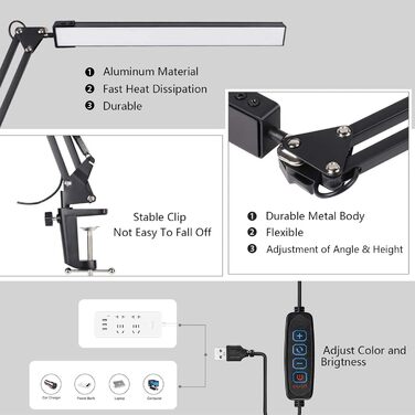 SKYLEO Dimmable Desk Lamp with Clip - Eye Protection LED Desk Light - 3 Modes & 10 Brightness Levels - Black