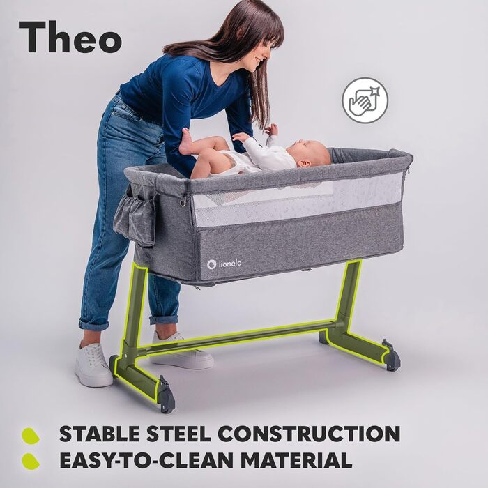 Lionelo Theo 2in1 Baby Cot, Travel Cot for Baby, Crib for Baby from Birth up to 9 kg, Height Adjustment, Recline Adjustment, Foldable Side Rail, Mattress, Mosquito Net (Dark Grey) Dark Grey 1 Piece (1-Pack)
