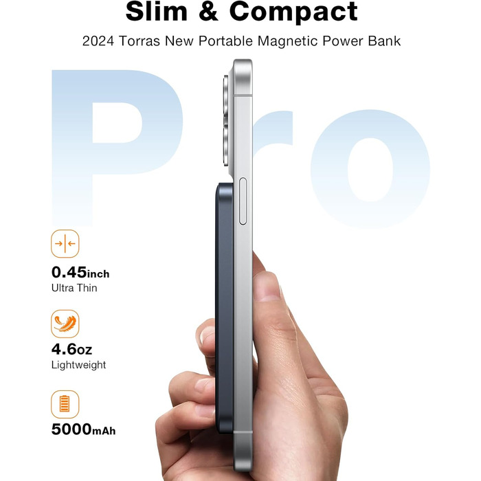 Power Bank TORRAS 5000mAh з MagSafe та кільцем для iPhone 16/15/14/13/12. Бездротовий, USB-C, чорний