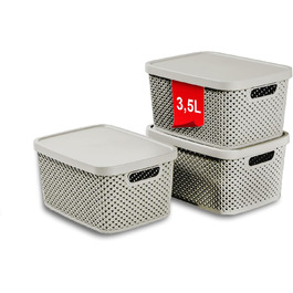PREMIUM 3-Piece XXL Storage Box Set with Lid Organizer - Ideal for Office, Closet, Wardrobe, Kitchen & Household (3-Piece Set, 3.5 Liters, Cafe Latte)