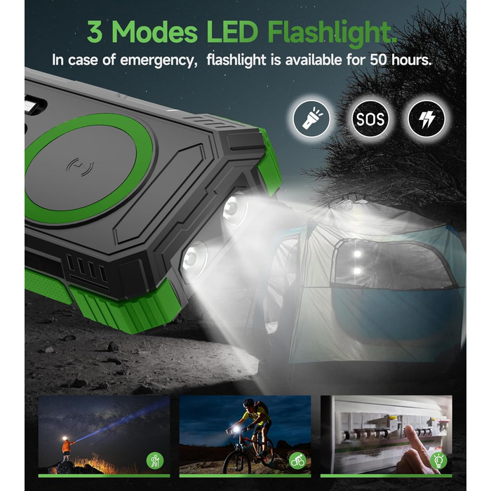 Портативний зарядний пристрій Solar Powerbank 56800mAh з бездротовою зарядкою, 30W PD, 6 виходів, ліхтарик, велика ємність для кемпінгу та подорожей (Зелений)