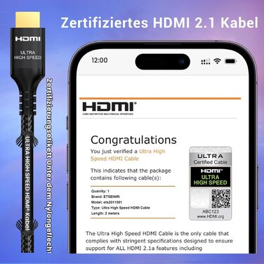 HDMI 2.1 кабель Etseinri 2 метри, 48Gbps, 4K 240Hz, 8K, eARC, HDCP2.3, HDR, Dolby Atmos, Vision для моніторів, телевізорів, проекторів, чорний