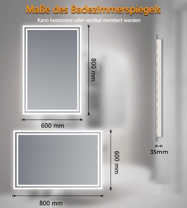 Дзеркало для ванної кімнати з підсвічуванням 60x50x3,5 см, LED, 6400K, Bluetooth, проти запотівання, вертикальна/горизонтальна установка