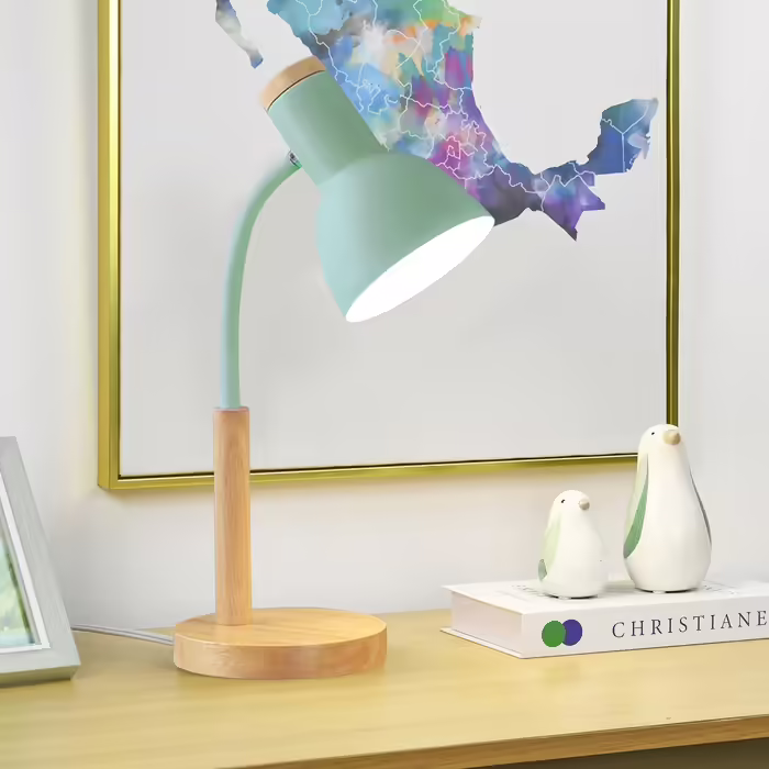 Desk Lamp, LED Reading Lamp with Classic Wood Design, E27 Socket, Adjustable Arm, Kids Table Lamp for Bedroom, Living Room (green)