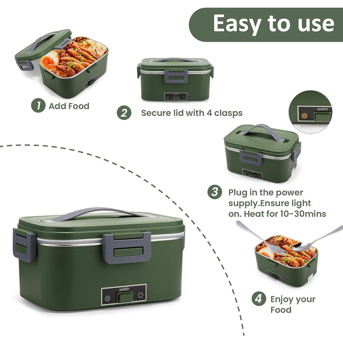 Електрична ланчбокс 100W, 3-в-1, 1.8L, нержавіюча сталь, ізольована термобокс для авто/вантажівки, 12V/24V/220V (зелений)
