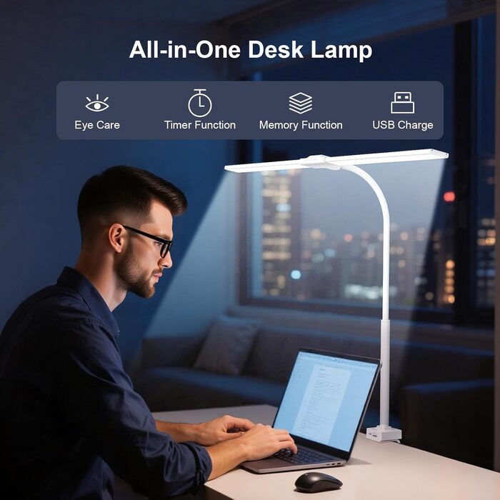 LED лампа настільна з регулюванням яскравості - 1500LM 24W, кріплення на прищіпці, з пультом дистанційного керування, 80см гнушкий шийка, USB-порт для зарядки, для офісу та дому (біле світло)