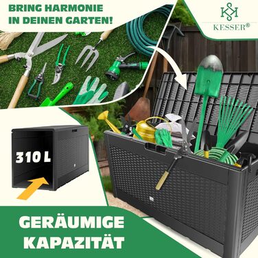 KESSER Садова скриня для подушок 310 л з роликами, складна кришка, ручки, ротанг, антрацит
