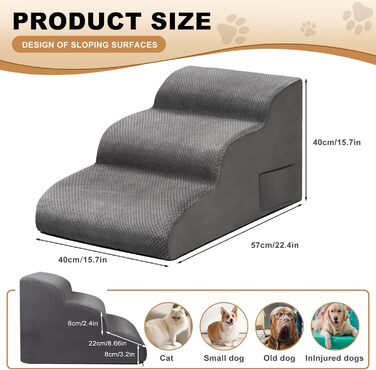 Сходи для собак маленьких порід Otauoaea: 3 сходи, антиковзаюча поверхня, для софи та ліжка, знімний чохол, сірий колір