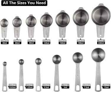 Measuring Cup and Spoon Set Stainless Steel Measuring Cup & Spoon Set includes 7 stainless steel metal measuring cups, 6 measuring spoons, and 5 mini measuring spoons for dry and liquid ingredients.