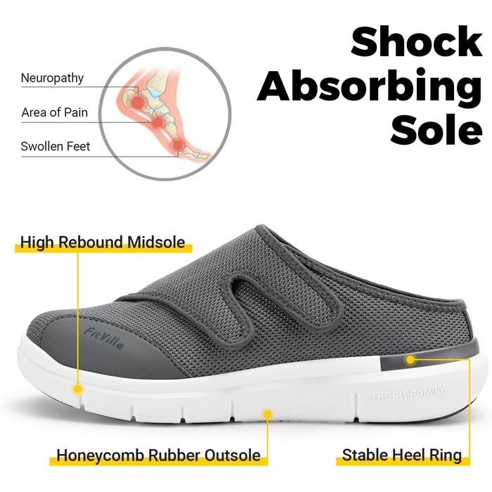 Домашні тапочки FitVille для чоловіків, широкі з кріпленням на липучці, реабілітаційне взуття (48 EU, сірий)