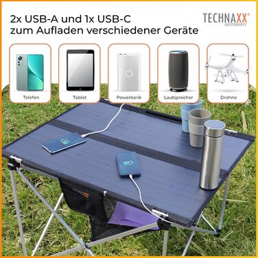 Сонячний кемпінговий стіл Technaxx TX-252 60W з USB зарядкою та сонячною панеллю