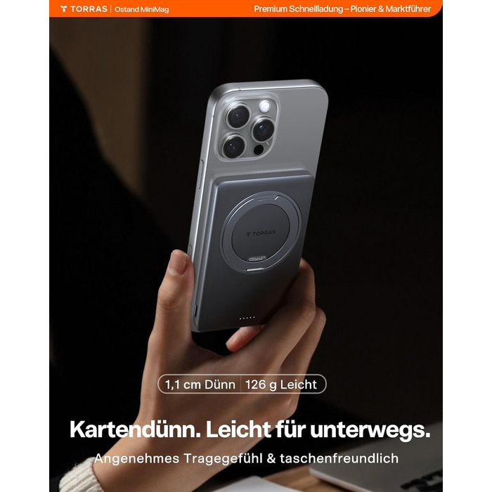 Power Bank TORRAS MiniMag Ultra Slim з MagSafe, 360° підставка, 18W, 5000mAh, магнітне кріплення, сірий титан. Сумісний з iPhone 17 Pro Max/Air/16/15/14/13/12