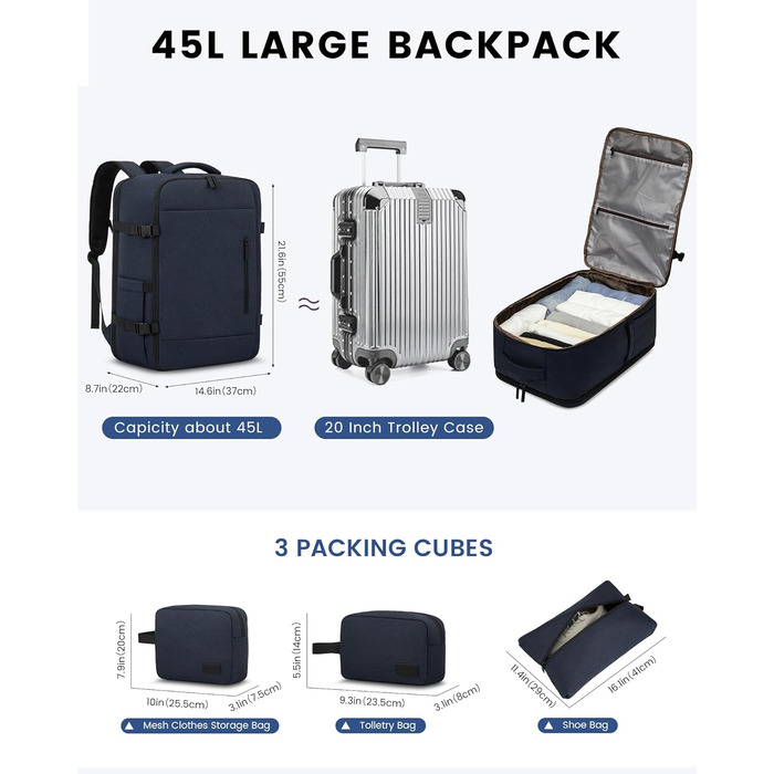 LOVEVOOK Рюкзак-валіза для ручної поклажі, 40L, для подорожей, з відділенням для ноутбука, чоловічий/жіночий, темно-синій