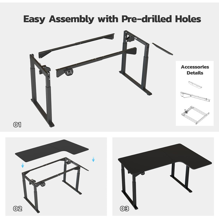 Electric Standing Desk L-Shape 180x110cm - Adjustable Height Desk with Dual Motor - Black Corner Desk with Spliced Board