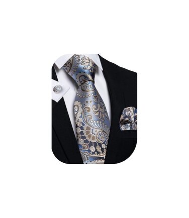 Комплект краватка, хустинка та запонки DiBanGu Paisley (блакитно-бежевий) - шовковий жакард для ділового стилю