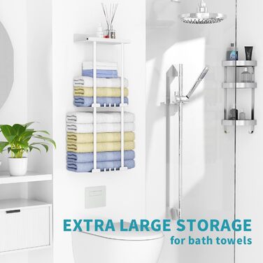 Тримач для рушників без свердління, настінний, з 6 гачками та полицею для ванної кімнати/кухні, матовий, для гостей, білий