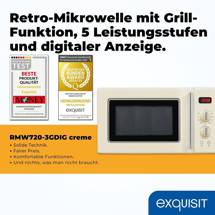 Мікрохвильова піч Exquisit Retro RMW720-3GDIG Creme, 20л, 700 Вт, 1000 Вт гриль, таймер, розморожування