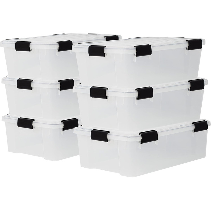 Iris Ohyama Airtight Plastic Storage Boxes with Lids, 50L, Set of 4, Hermetic Waterproof Seal, Robust Snap Closures, Stackable, Dustproof, BPA-Free, DDAT-L (Transparent, 30L x 6)