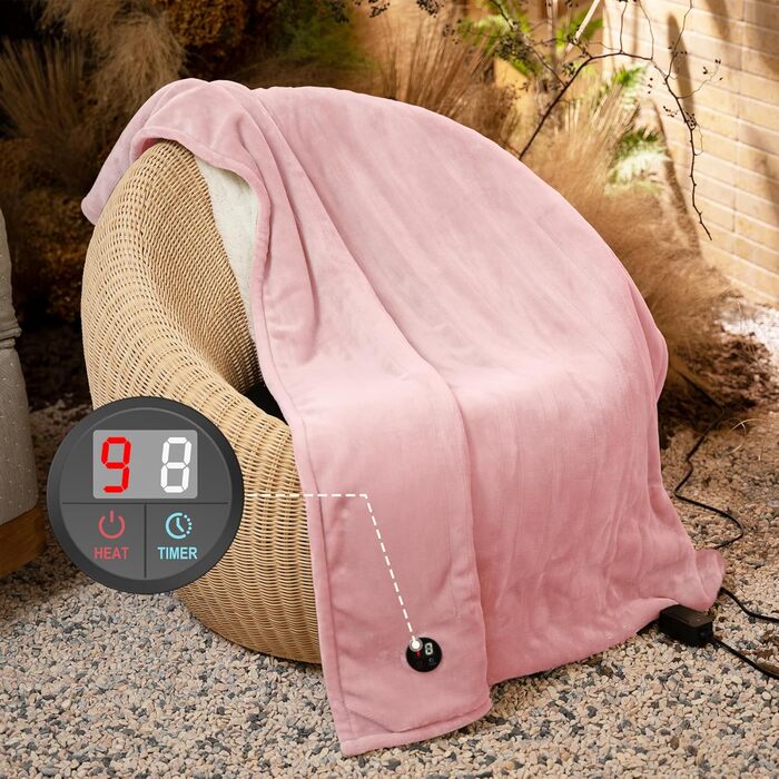 Електрична ковдра GOTCOZY 130x180 см з 10 рівнями нагріву та таймером, рожева