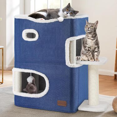 YITAHOME Cat House Indoor, Cat Bed for Indoor Cats, Cat Tunnel, Cat Cave, Small Scratching Post, Cat Furniture, Cat Bed Cave, cat caves, Cat Beds (Blue, with Platform)