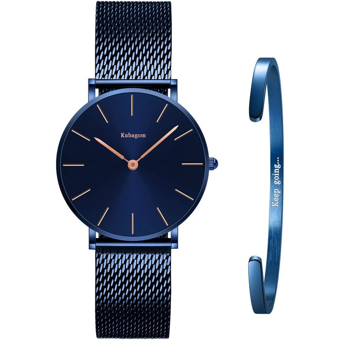 Жіночий годинник на аналоговому кварцовому механізмі з нержавіючої сталі, водостійкий, сітчатий ремінець, ультратонкий комплект з браслетом, блакитне покриття, блакитний ремінець, блакитний браслет