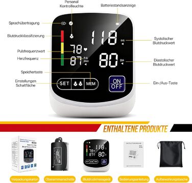 Тонометр на плече RoserRose: цифровий, з голосовим супроводом німецькою, LED-дисплей, 2x99 місць пам'яті, манжета 22-36 см, AAA-батарея/Type-C кабель