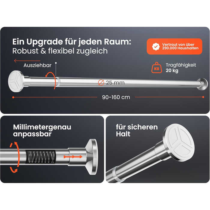 Штанга для душу без свердління 160-210 см, срібна, Ø 25 мм, телескопічна, з кріпленнями - для ванної, душової кабіни та перегородки (90-160 см, нержавіюча сталь)