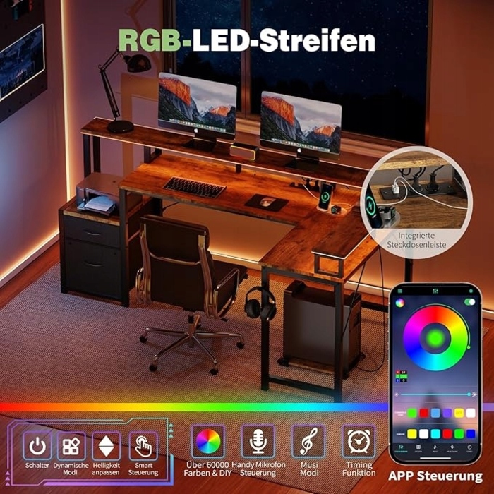 Великий кутовий ігровий стіл у формі L з LED-підсвіткою та полицею, 168x100 см