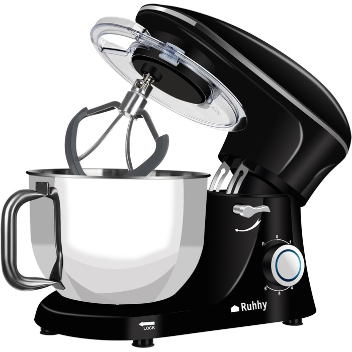 Stand mixer with bowl for cakes and bread with baking accessories. Various models also include a meat grinder and blender. 16746