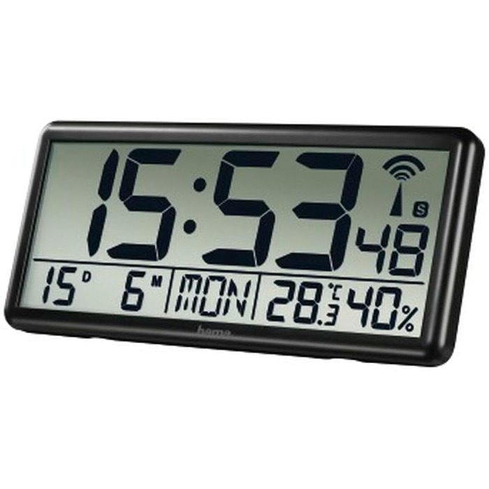 Hama Digital XXL Wall Clock with Radio Control (Digital Clock with Thermometer and Hygrometer, Large Radio-Controlled Clock with Date and Day of the Week, Easy-to-Read Wall Clock for Hanging and Standing, incl. Battery) black