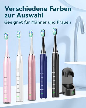 Електрична звукова зубна щітка для дорослих - відбілювання, ультразвукова, з кейсом для подорожей та зарядною станцією, 8 насадок, 5 режимів чищення (Чорна)