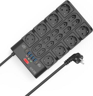 Мережевий фільтр BEVA з 18 розетками, 3680W/16A, захист від перенапруги 2100J, 2 USB-C (15W) + 4 USB-A, з вимикачем, для офісу та дому