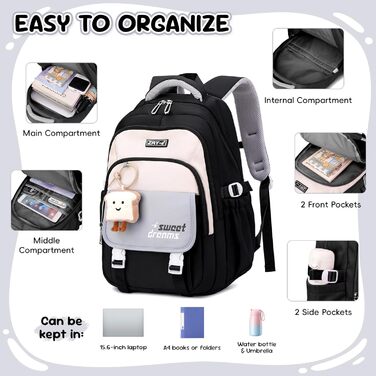 Шкільний рюкзак для дівчаток (3-7 клас), 36L, з сумкою через плече, чорний